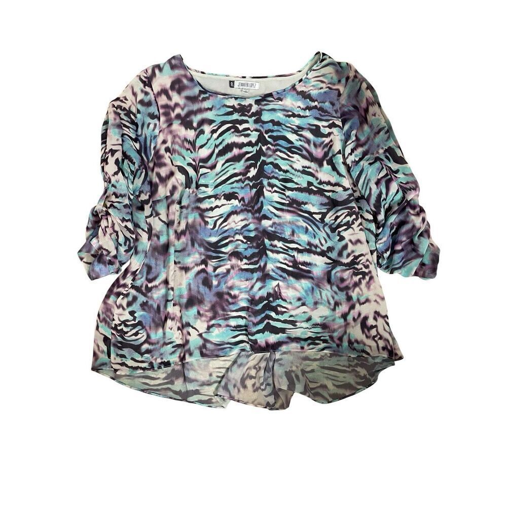 Jennifer Lopez 1X Animal Print Chiffon Blouse Roll Tab Sleeve Plus Size